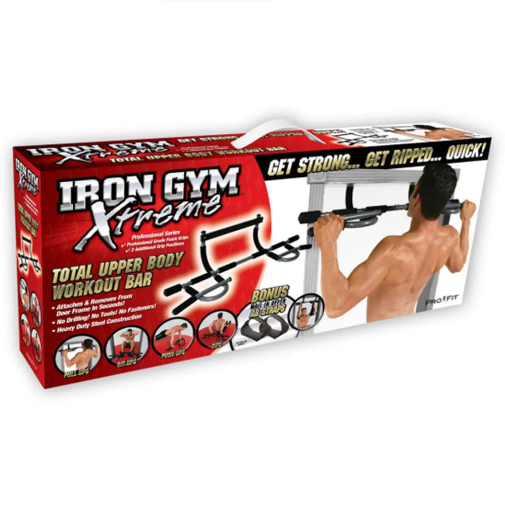 Black steel pipe wall-mounted pull-up bar with an included tension bar for home fitness.