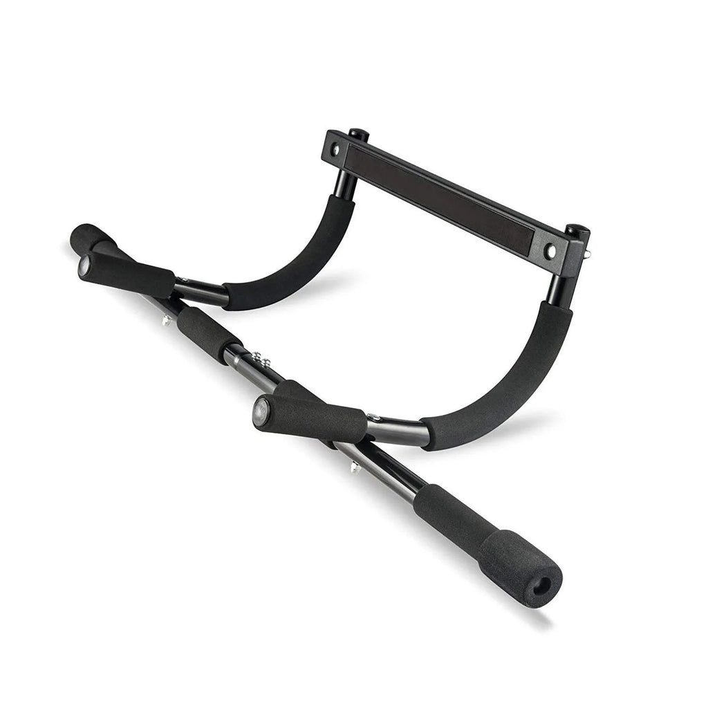 Black steel pipe wall-mounted pull-up bar with an included tension bar for home fitness.