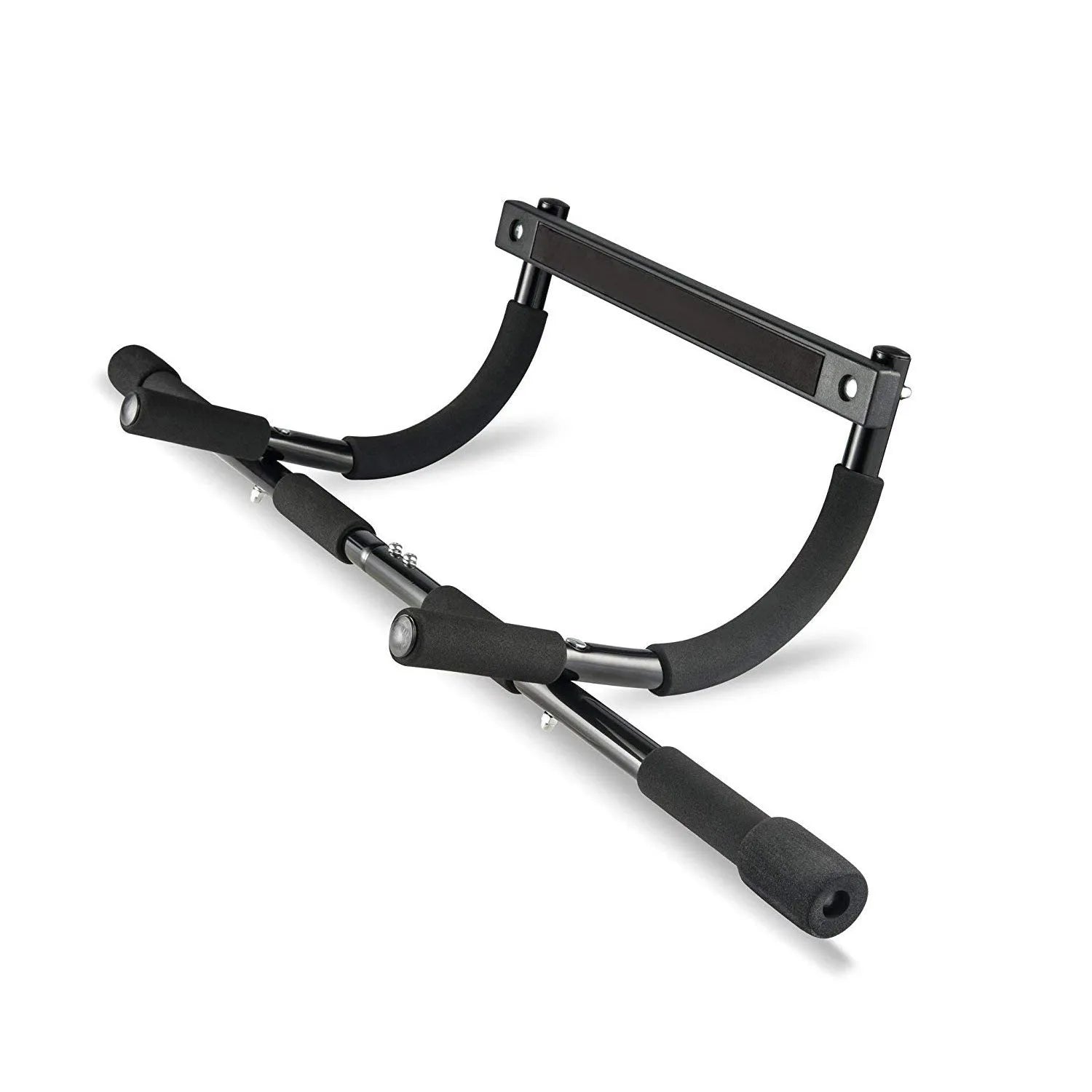 Black steel pipe wall-mounted pull-up bar with an included tension bar for home fitness.