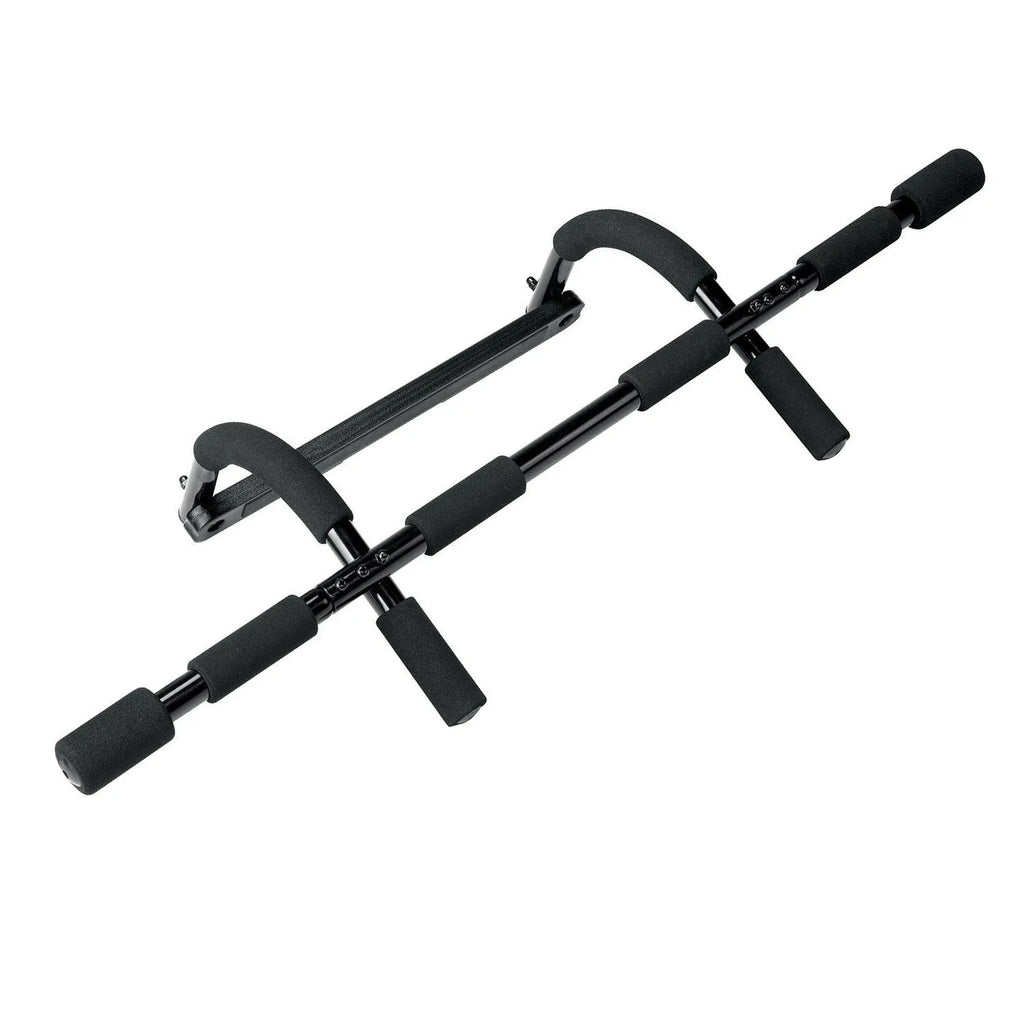 Black steel pipe wall-mounted pull-up bar with an included tension bar for home fitness.