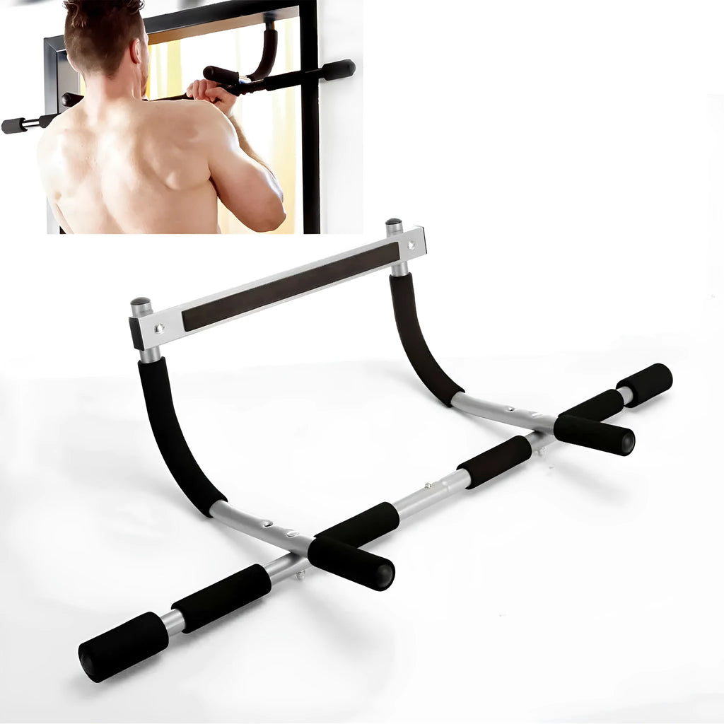 Black steel pipe wall-mounted pull-up bar with an included tension bar for home fitness.