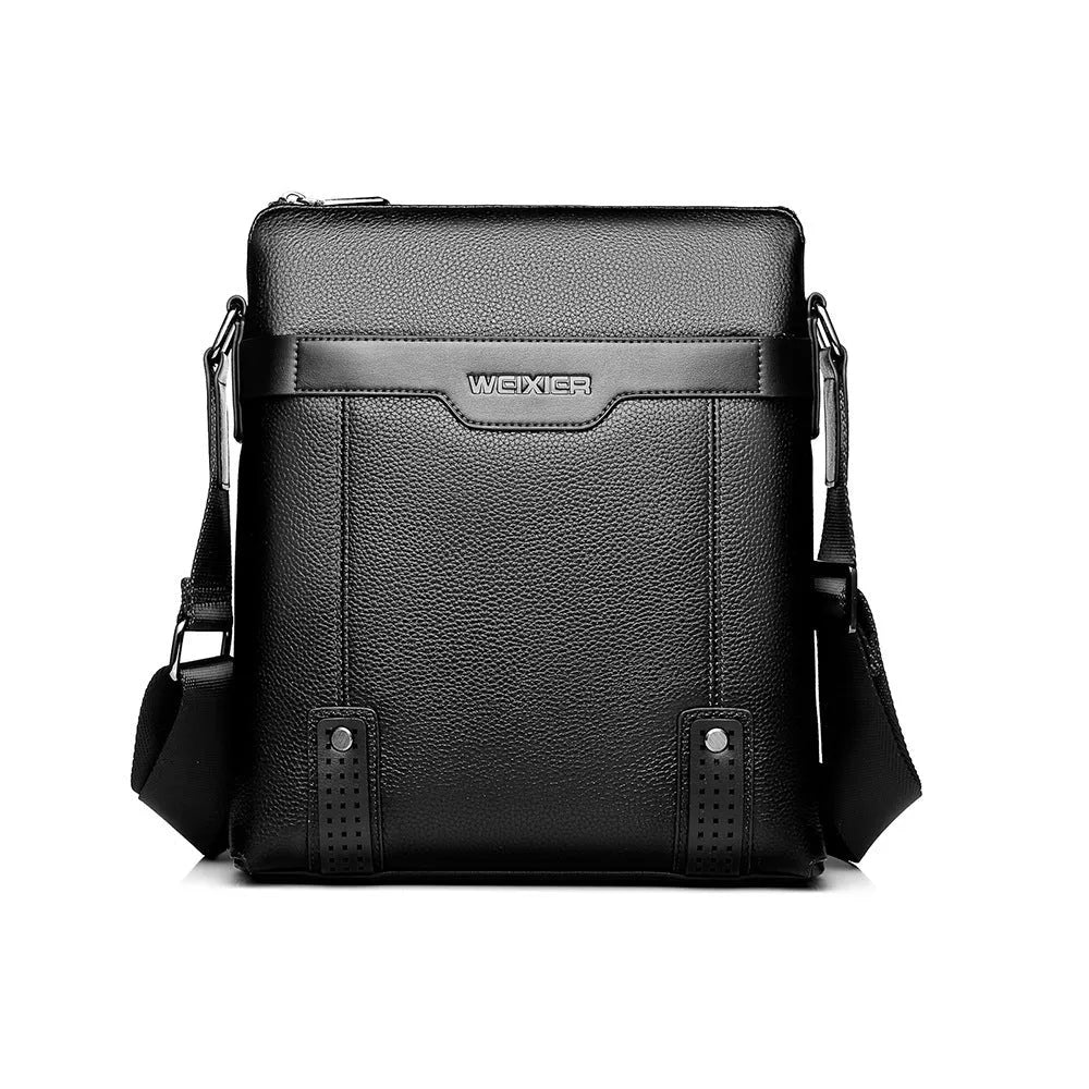 Men's black casual shoulder bag made of soft PU leather with a single strap and zipper.