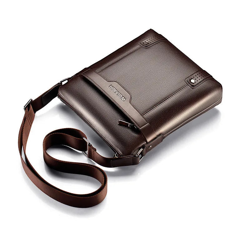 Men's black casual shoulder bag made of soft PU leather with a single strap and zipper.