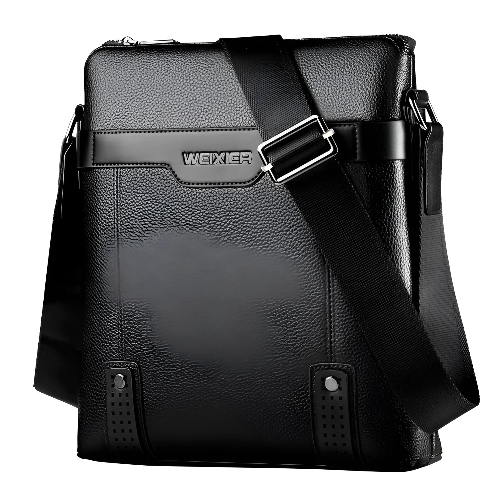 Men's black casual shoulder bag made of soft PU leather with a single strap and zipper.