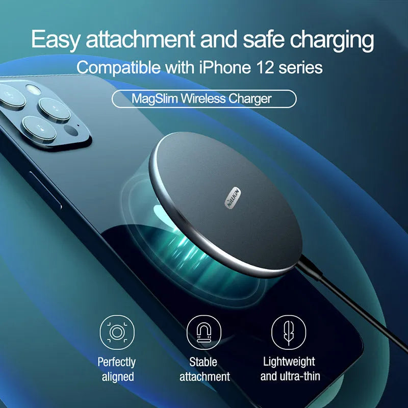 Black MagSlim NKT06 magnetic wireless charger on a flat surface.