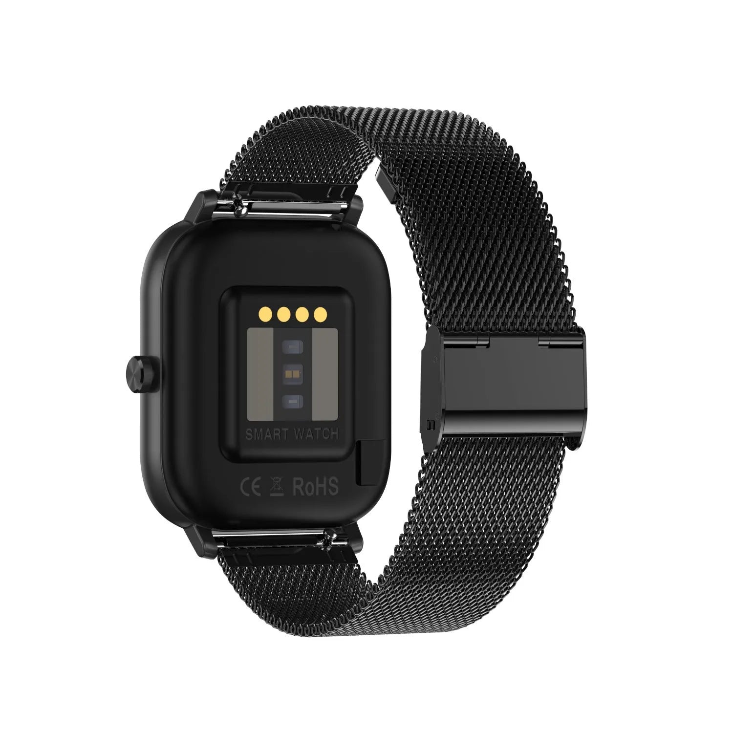 Silver smart bracelet with a 1.54-inch screen on a grey mesh steel strap, showing health metrics interface.