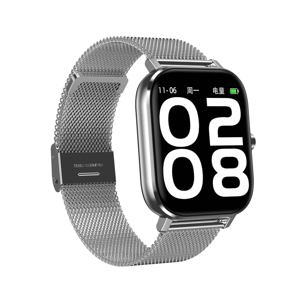 Silver smart bracelet with a 1.54-inch screen on a grey mesh steel strap, showing health metrics interface.