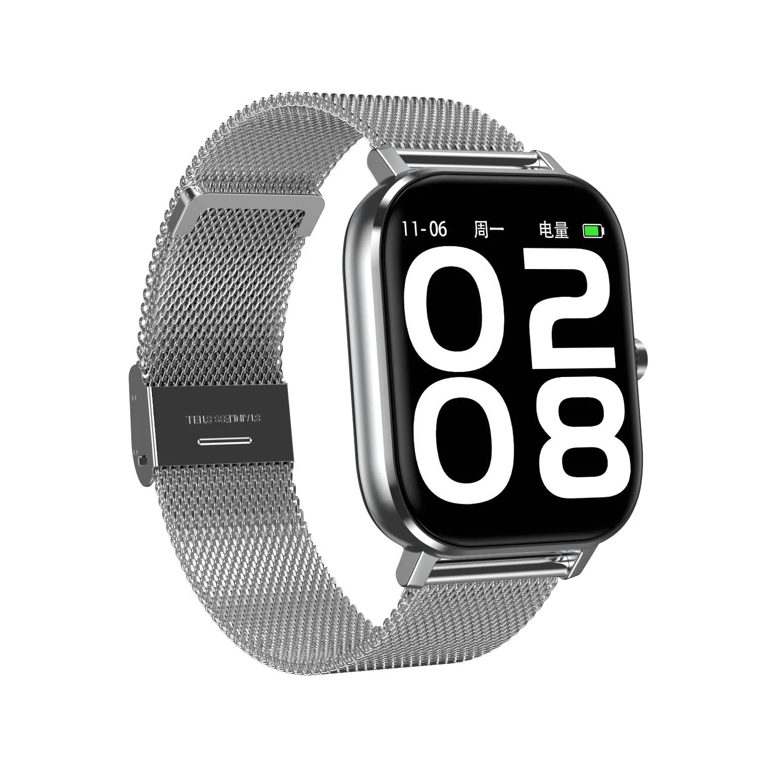 Silver smart bracelet with a 1.54-inch screen on a grey mesh steel strap, showing health metrics interface.