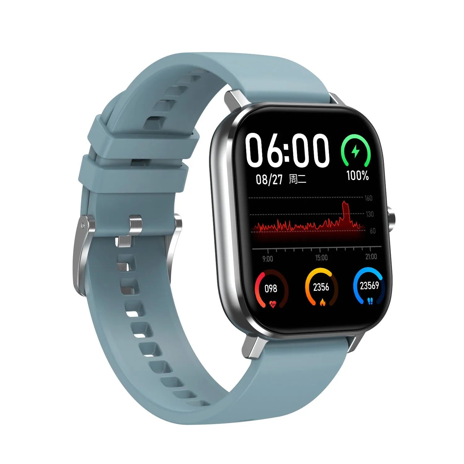Silver smart bracelet with a 1.54-inch screen on a grey mesh steel strap, showing health metrics interface.