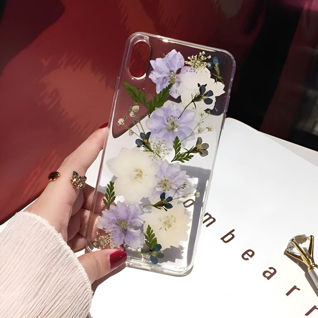 Soft TPU iPhone case with dried purple flower basket design compatible with multiple Apple phone models