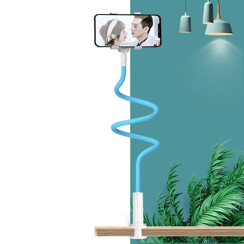 Blue universal mobile phone holder with flexible memory alloy hose for bedside use
