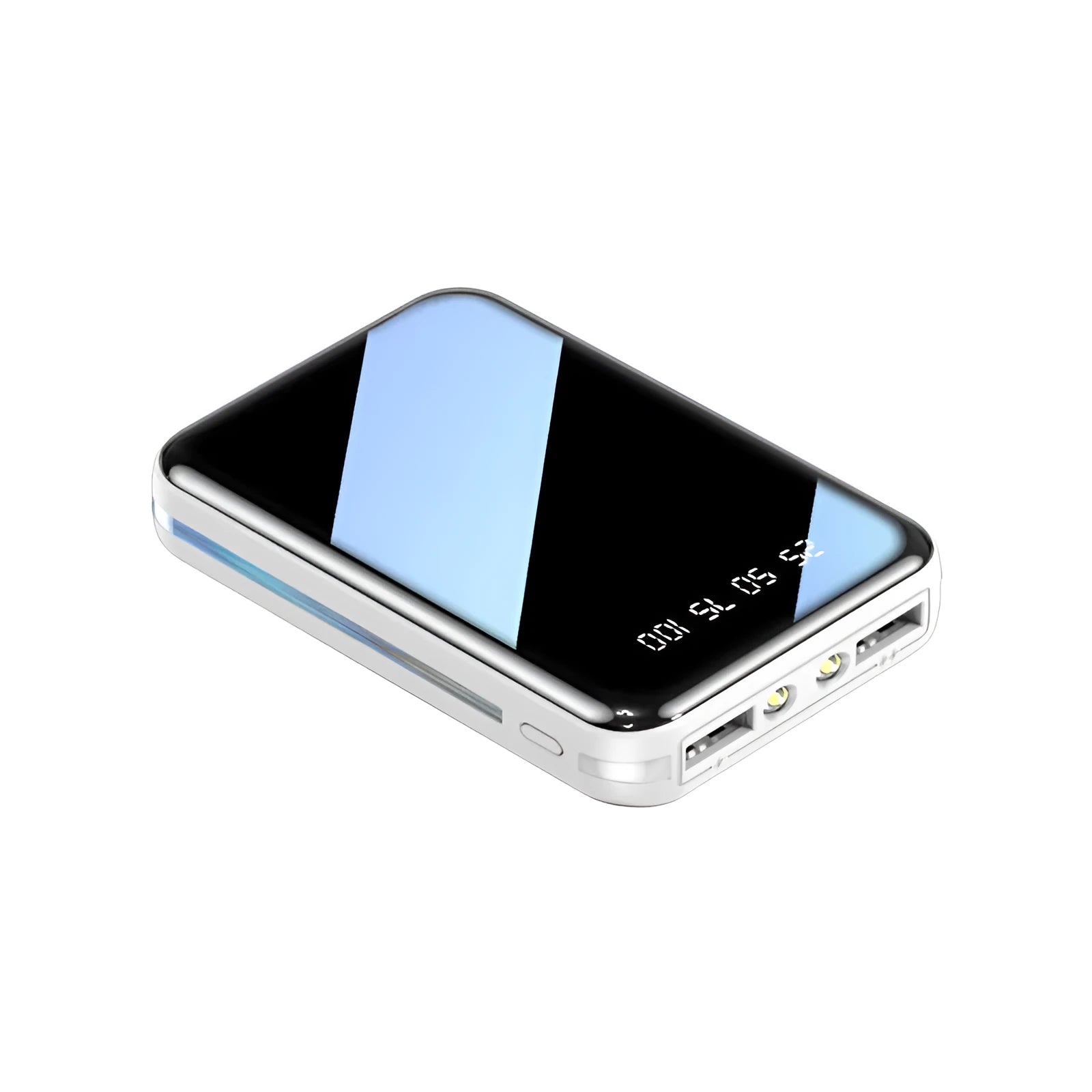 Compact mini power bank with digital display showing battery percentage, in choice of colours.