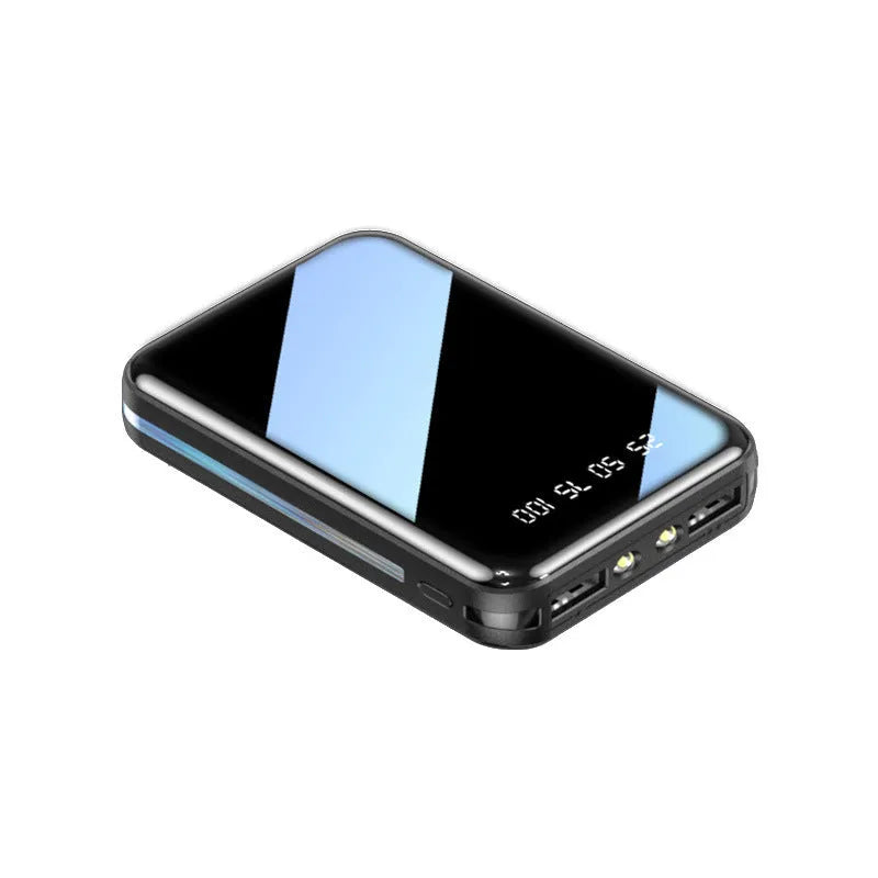 Compact mini power bank with digital display showing battery percentage, in choice of colours.