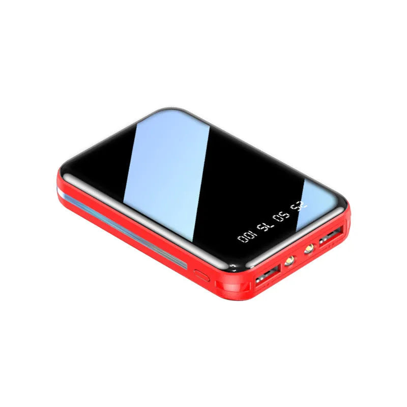 Compact mini power bank with digital display showing battery percentage, in choice of colours.