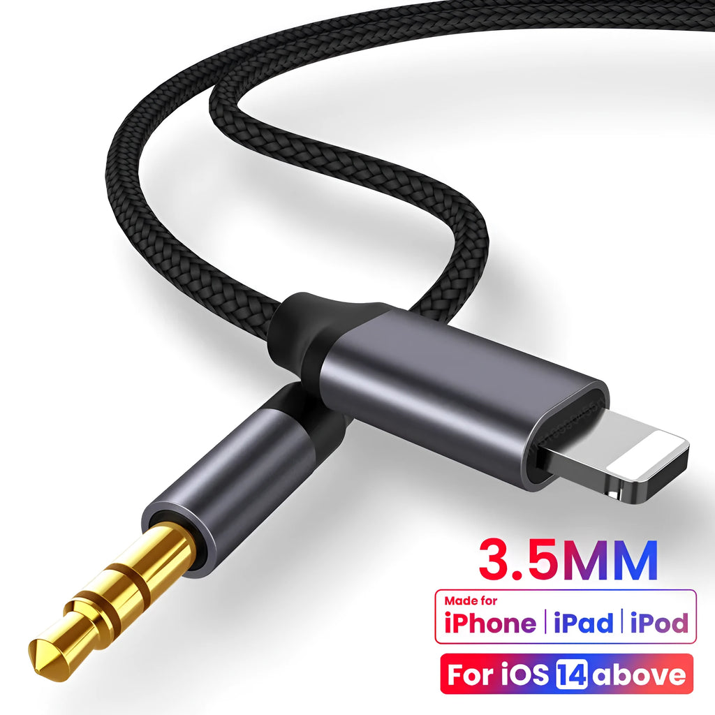 Silver nylon braided car auxiliary audio cable with 3.5mm connectors in three length options