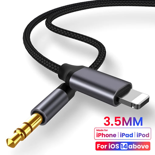 Silver nylon braided car auxiliary audio cable with 3.5mm connectors in three length options