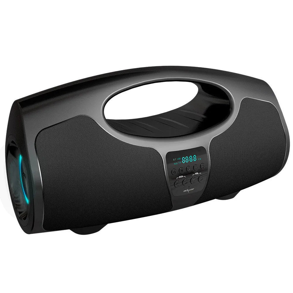 Black portable Bluetooth speaker with wired microphone for karaoke and square dancing