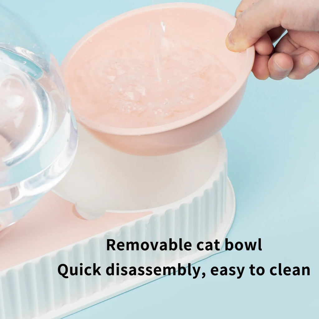 Automatic pet water feeder with 2.8L container and dual dishes in pink