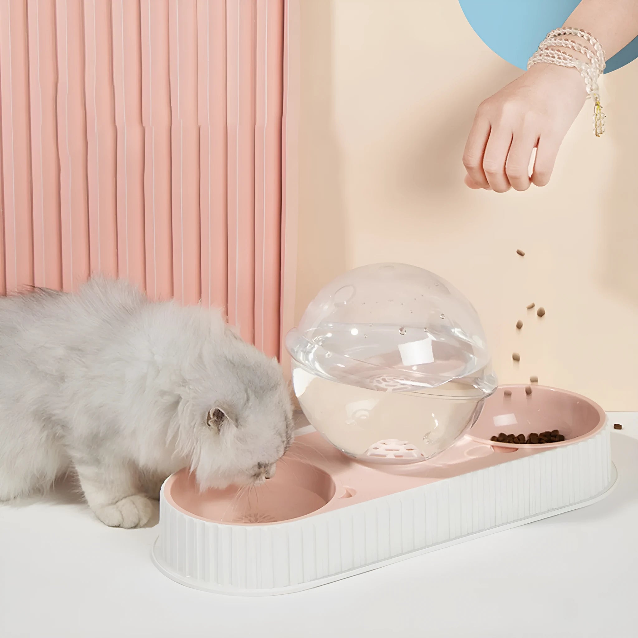 Automatic pet water feeder with 2.8L container and dual dishes in pink