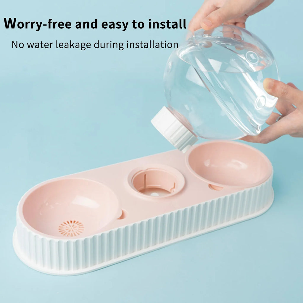 Automatic pet water feeder with 2.8L container and dual dishes in pink