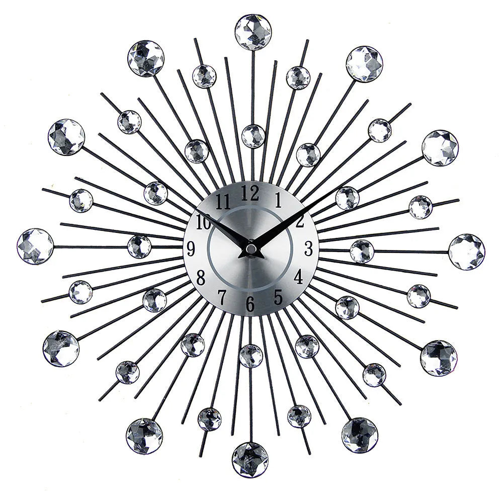 Large silver round wall clock with metal construction and silent quartz movement for living room decoration