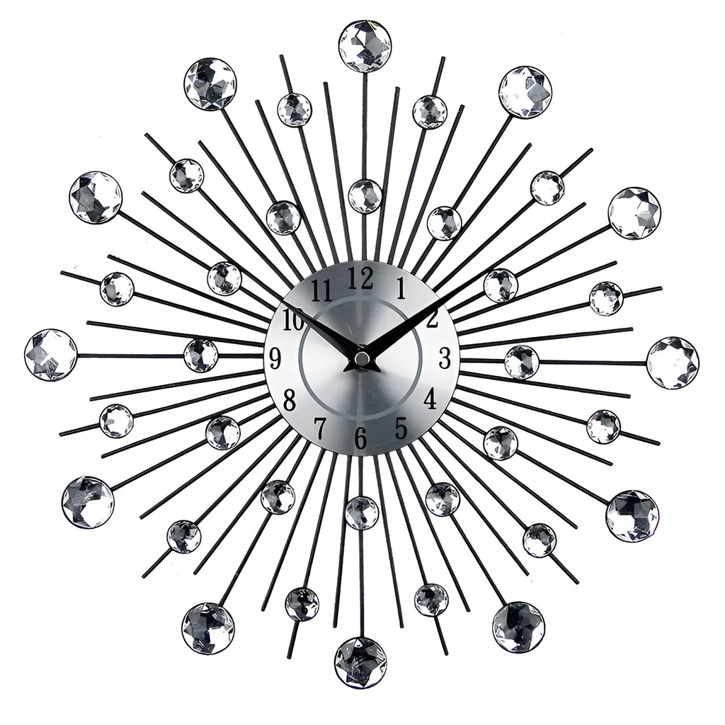 Large silver round wall clock with metal construction and silent quartz movement for living room decoration
