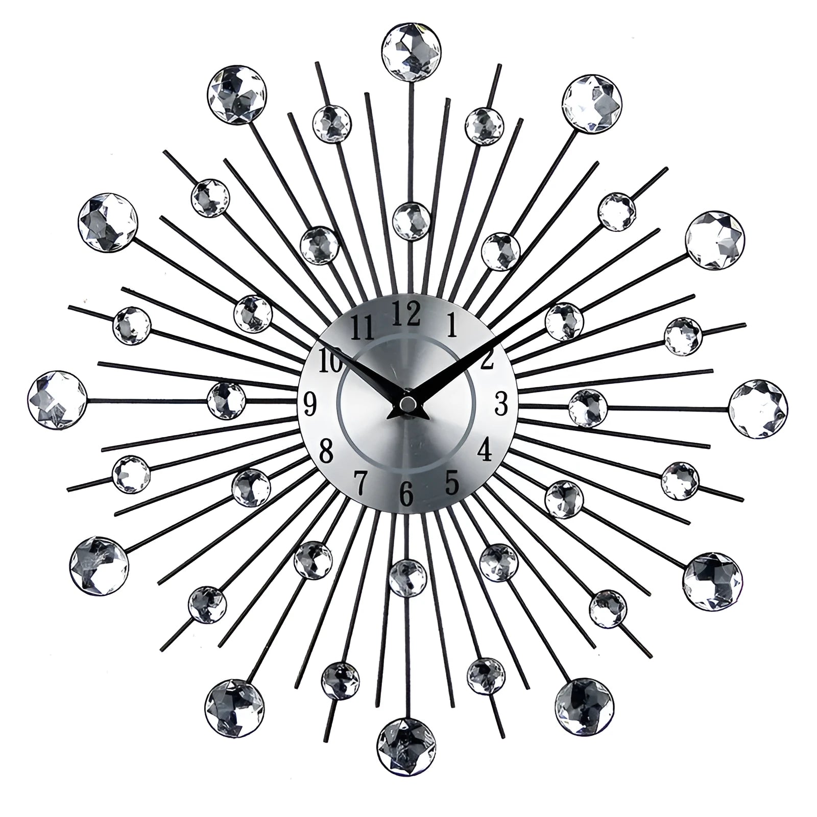 Large silver round wall clock with metal construction and silent quartz movement for living room decoration