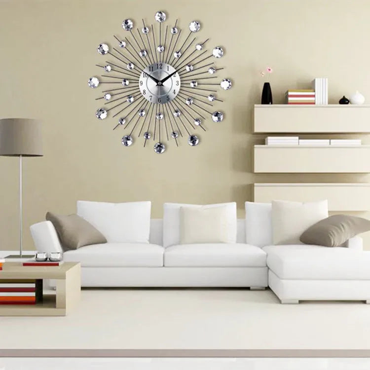 Large silver round wall clock with metal construction and silent quartz movement for living room decoration