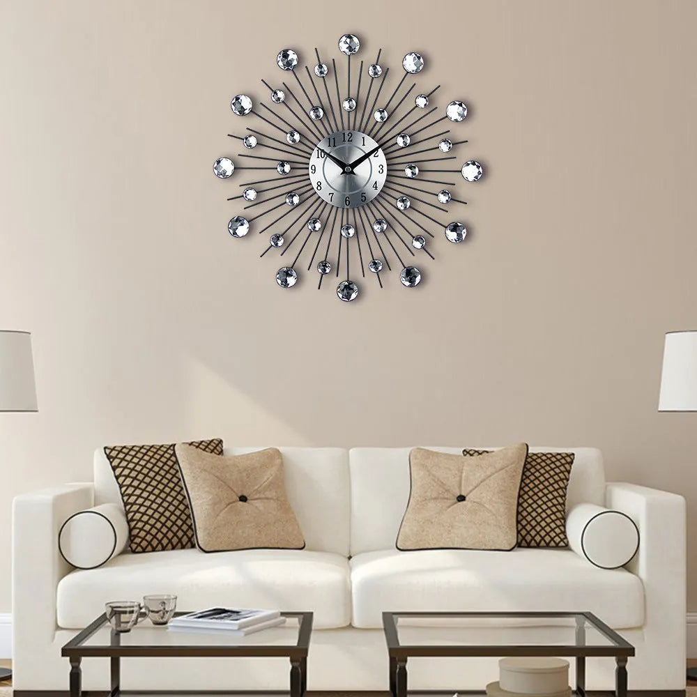 Large silver round wall clock with metal construction and silent quartz movement for living room decoration