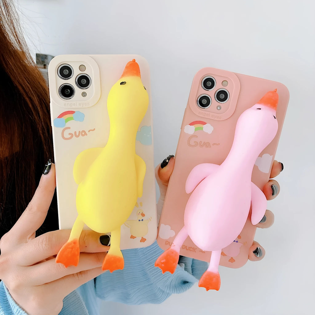 Cartoon-printed silicone TPU phone case for Apple iPhone in yellow, white, and pink colour options.