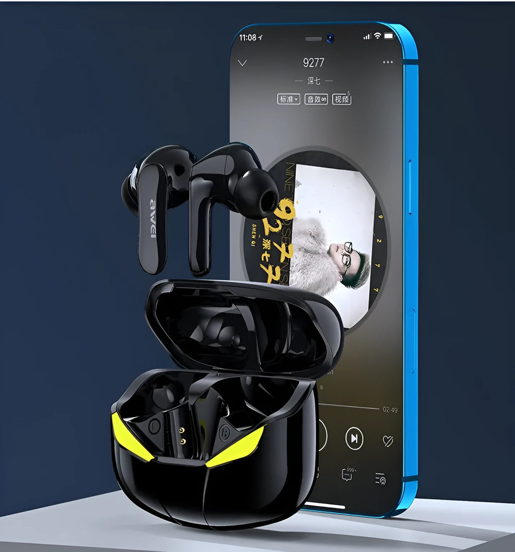 Black and white wireless in-ear Bluetooth gaming headset with earplug design.