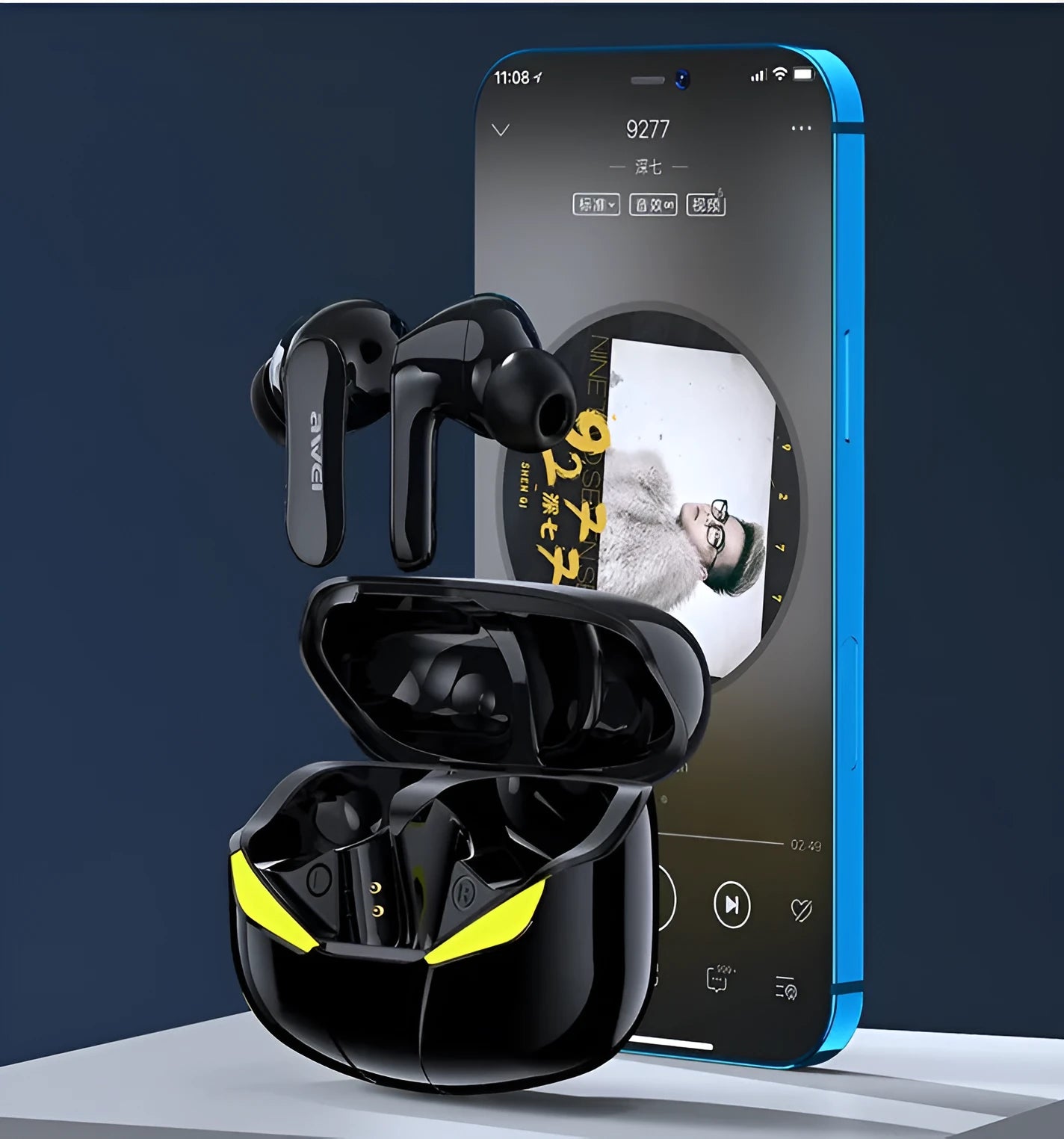 Black and white wireless in-ear Bluetooth gaming headset with earplug design.
