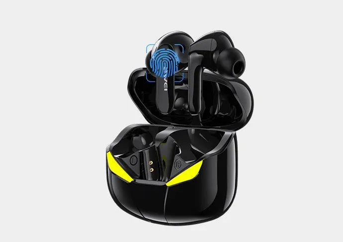 Black and white wireless in-ear Bluetooth gaming headset with earplug design.