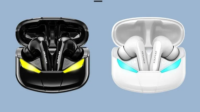 Black and white wireless in-ear Bluetooth gaming headset with earplug design.