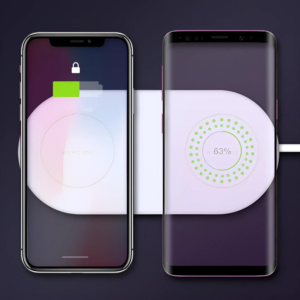White dual wireless charging pad for two mobile phones on a desk.