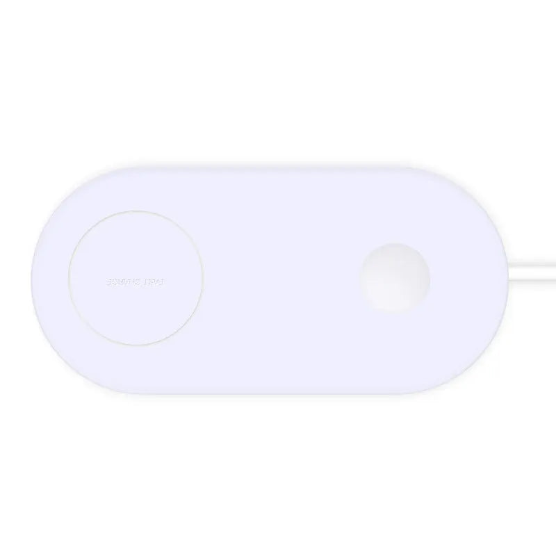 White dual wireless charging pad for two mobile phones on a desk.