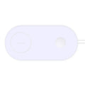 White dual wireless charging pad for two mobile phones on a desk.
