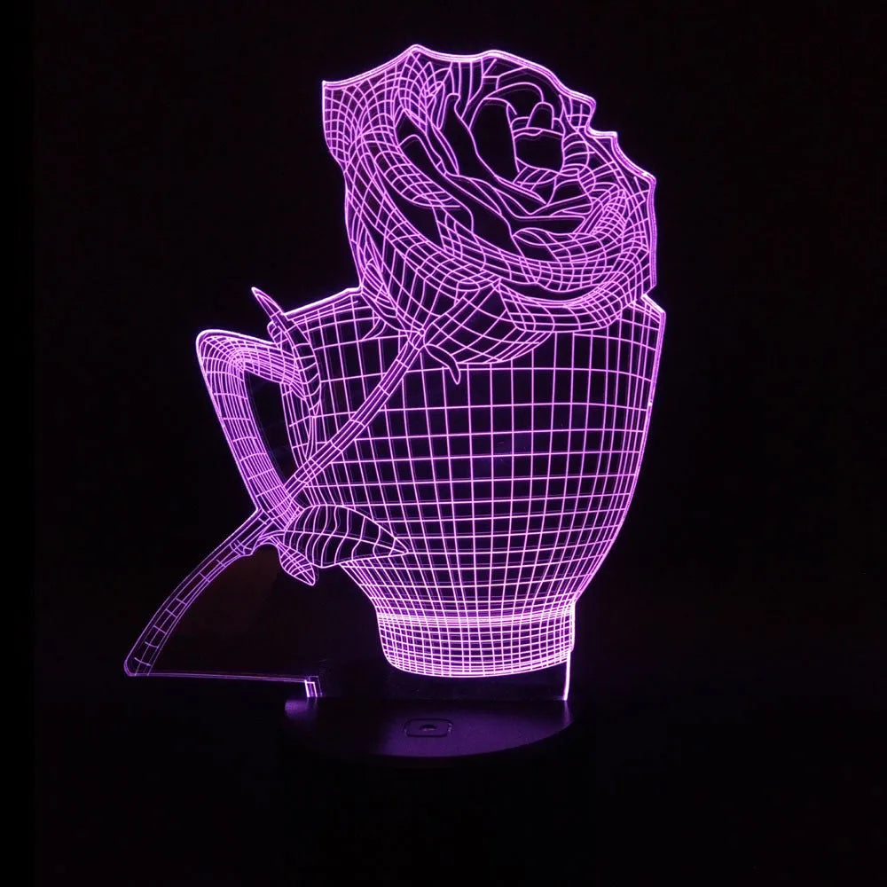 3D rose flower design night light showing colour-changing LEDs on acrylic panel with black ABS base.