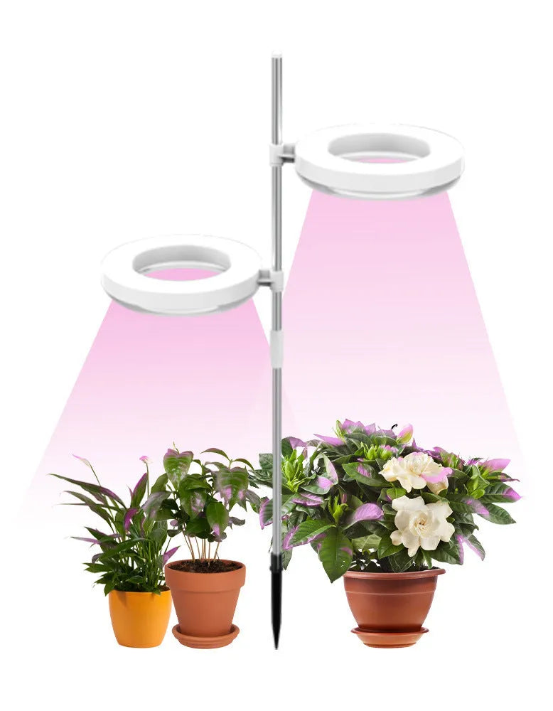 A desktop clamp plant growth lamp with a full spectrum LED light head attached to an adjustable arm.