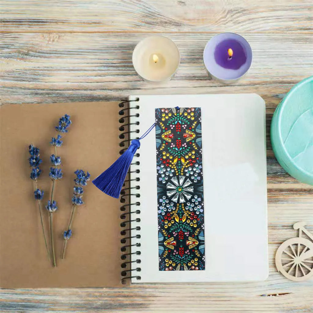 Diamond embroidered mandala flower leather bookmark with special-shaped diamond decoration