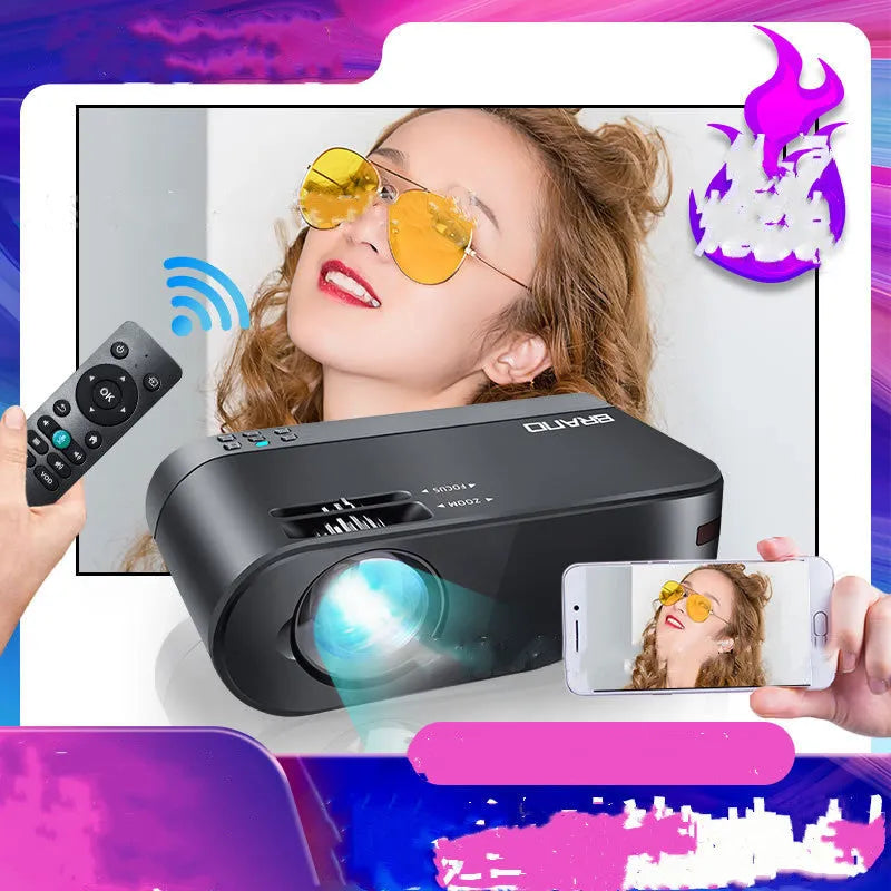 Portable WiFi projector with AI voice control and Android system for mobile screen mirroring.