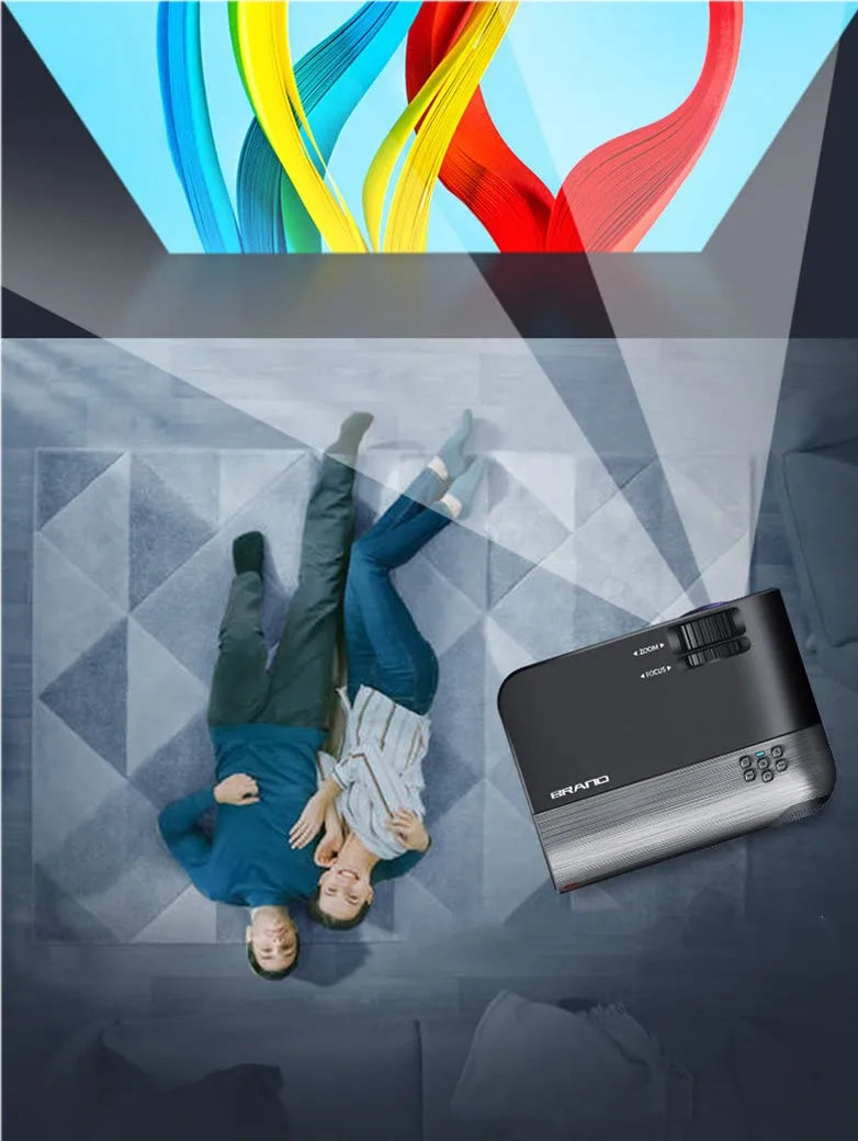Portable WiFi projector with AI voice control and Android system for mobile screen mirroring.