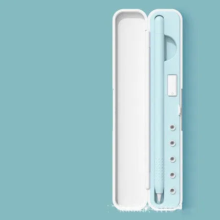 Hard plastic storage case for Apple Pencil with magnetic closure, shown in purple, containing a stylus and spare tip.