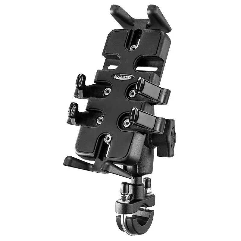 Black nylon U-shaped handlebar mobile phone mount for motorcycles, bicycles, and electric cars.