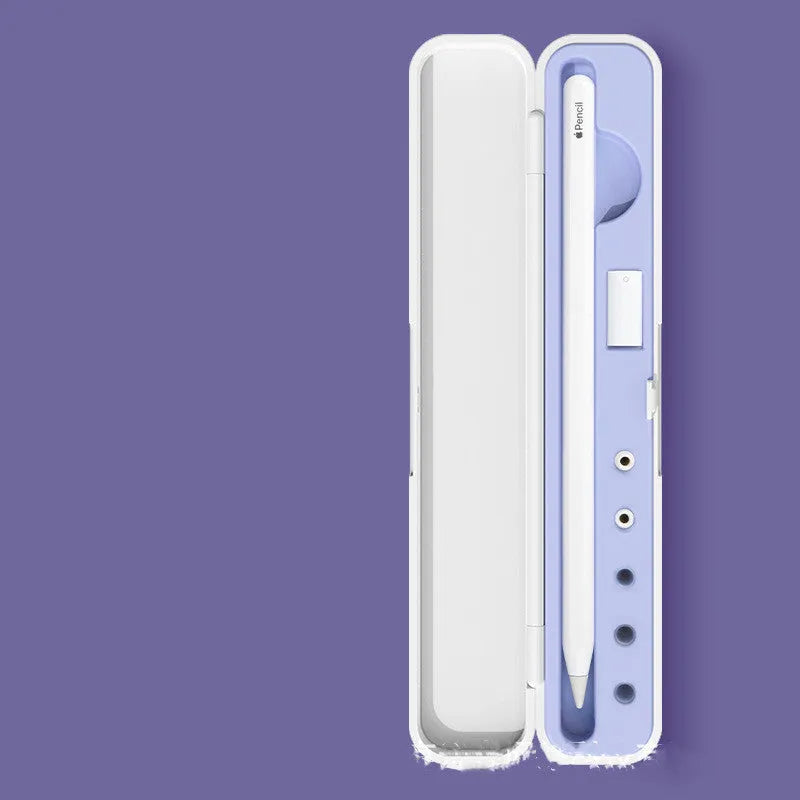 Hard plastic storage case for Apple Pencil with magnetic closure, shown in purple, containing a stylus and spare tip.