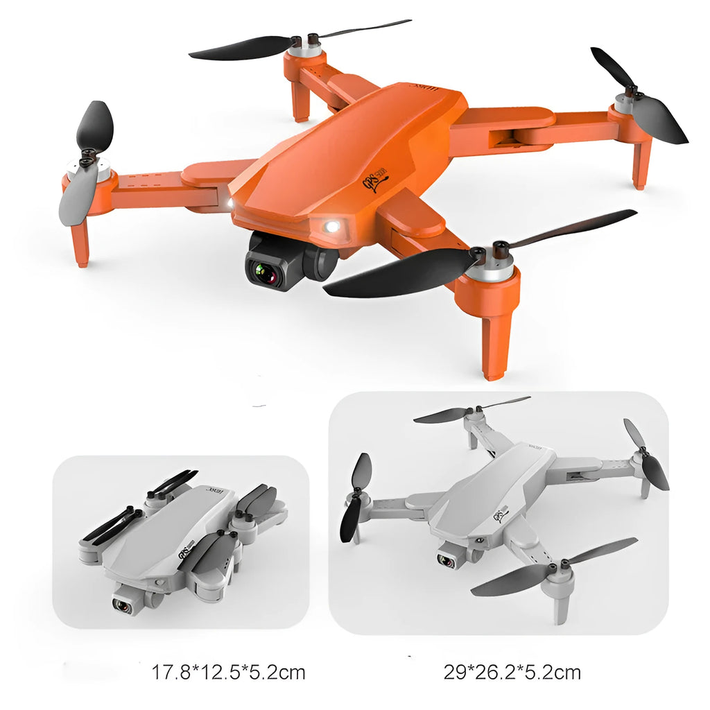 S608 PRO quadcopter in orange with dual cameras, foldable propellers, and GPS module on black background