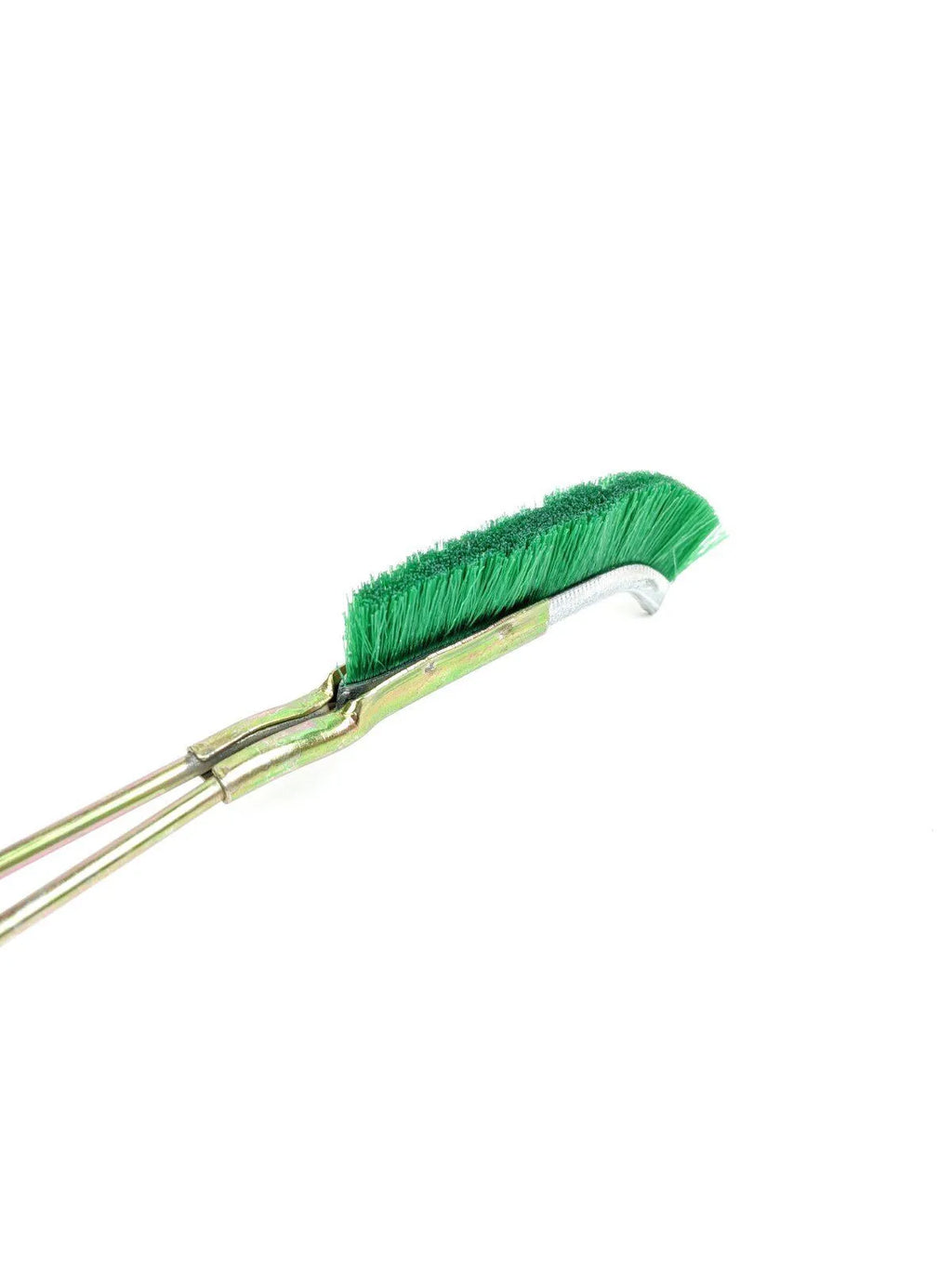 Green metal elbow-shaped nylon wire brush for rust removal and cleaning kitchen appliances