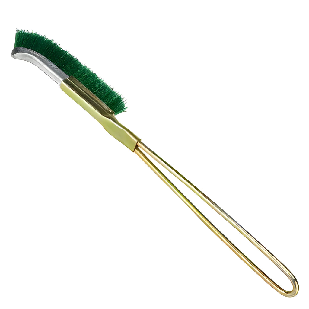Green metal elbow-shaped nylon wire brush for rust removal and cleaning kitchen appliances