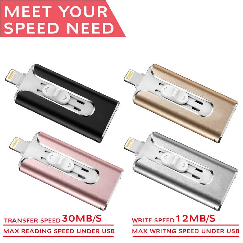 Metal USB and Lightning flash drive in silver colour for Android, PC, and iPhone.