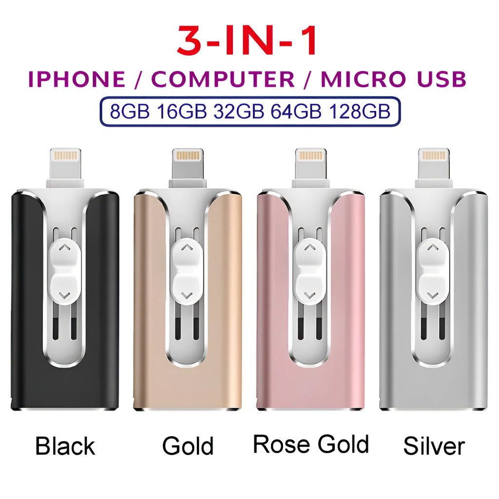 Metal USB and Lightning flash drive in silver colour for Android, PC, and iPhone.